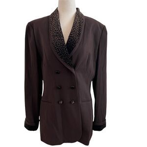 Vintage Brown Double Breasted Blazer w/ Cheetah Print Velvet Collar + Cuffs 10